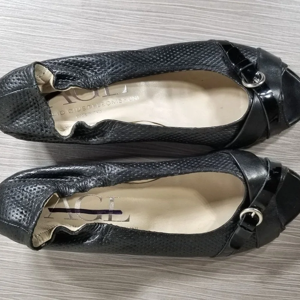 AGL Peep Toe Wedge Pump, Black Perforated Leather, Womens Size 7.5 US / 37.5 - Picture 9 of 12